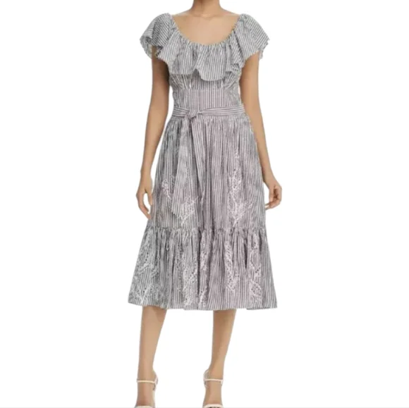 Tory Burch Eyelet Embroidered Stripe Flounce Ruffle Hem Midi Dress Gray Blue 8 - Picture 4 of 13